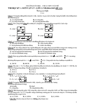 Thi học kỳ 1 - Môn vật lý  Lớp 12 - Năm học 2014 - 2015 - Đề 123. Thời gian 60 phút